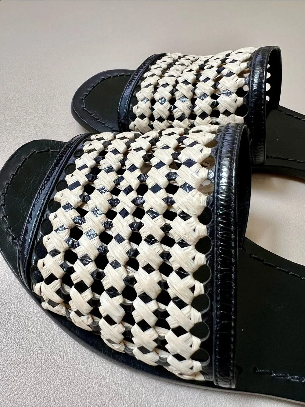 Tory Burch Black and Cream Woven Slide Mules
